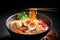 Top view ramen. Traditional Korean ramen soup with kimchi. Korean cuisine. Asian food. Traditional korean cuisine set.