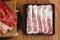 Top view of Rare slices authentic A5 Grade Japanese Wagyu beef with high-marbled fat texture for Shabu