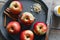 Top view raw apples cooking baked apples wooden table