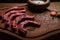 Top view of raw beef ribs in small pieces, with salt and green seasoning, on textured wooden background with space for writing