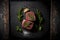 Top view of a raw beef steak lying on a dark background. Piece of meat on chalkboard or schist stone.