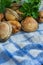 Top view of raw cockles with parsley branches on white and blue kitchen cloth