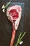 Top view of raw dry-aged marble beef steak Tomahawk