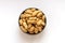 Top view raw peanuts in shell on clay cup on white background