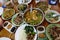 Top view, raw pork larb with pork blood, chilli and herbs, popular local food in northern Thailand.