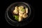 Top view ready meat dumplings with salad in deep bowl