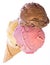 Top view of real edible ice cream cone 3 different scoops of ice cream vanilla, chocolate, strawberry isolated on white bac
