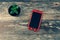 Top view of red android cellphone with a blank empty screen with copyspace and a trendy small green succulent plant