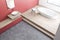 Top view of red bathroom, tub and sink