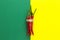 Top view, red chili pepper, tied with braid on a yellow-green background, vertically arranged