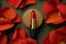Top view of red lipstick surrounded with red rose petals. Generative AI