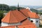 Top view of the red roof of the Church of St. Vitas in Lipnice over Sazava Czech Republic