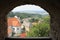 Top view of the red roof of the Church of St. Vitas in Lipnice over Sazava Czech Republic