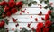 Top-view Red Roses and Butterflies on White Wood background,a serene composition celebrating nature and beauty,Generated AI