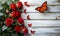 Top-view Red Roses and Butterflies on White Wood background,a serene composition celebrating nature and beauty,Generated AI