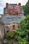 Top view on the reddish brick facade of a building in Mont Saint-Michel, France