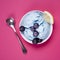 top view refreshing ice cream with spoon. High quality photo