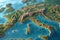 Top view of the Relief map of Europe. 3d illustration