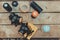 top view of respirators and cans with colorful spray paint