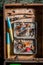 Top view of retro fishing tackle with rods and floats