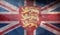 Top view of retro flag of Royal Coat of Arms of the United Kingdom on great britain . grunge flag of united kingdom