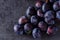 Top view ripe plums over dark table background