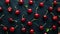 Top view of ripe red cherries trendy pattern. Black background. Food modern concept. Generative AI