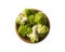 Top view. Roman cauliflower on wooden bowl isolated on white. Roman cauliflower close up. Fractal texture of romanesco broccoli.