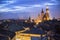 Top view of the rooftops of the old town of Krakow at night. Travel.