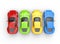 Top view on row of multicolored cars on white background