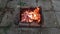 Top view of rustic mangal built from old burnt bricks on ground covered with dirty cement square blocks. Flaming fire closeup