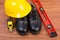 Top view safety shoes and composition of working tools