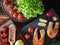 Top view of salmon and tomato arrangement on plates