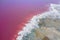 Top view of the salt-covered shore of Pink Lake