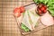 Top view of sandwiches and ham with tomatoes,Club sandwich with cheese and vegetable
