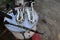 top view of saxophone and clarinet instruments on white wooden drums