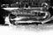 Top view of saxophone instrument, instrument in Jazz Band. Black and white image, music art concept.