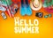 Top View Say Hello to Summer Realistic Vector Banner in Orange Background with and Tropical Elements Like Scuba Diving