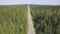Top view scenic winding country road through green farmland. Clip. Aerial rural road countryside, blue sky