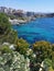 Top view of the sea and the garden with pines, bougainvilleas, mimosas and other flowers. The Aegean sea. Turkey