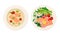 Top view of seafood dishes set. Salmon fish with pasta, mushrooms and vegetables served on plates vector illustration