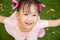 Top view and selective focus shot of adorable girl kid in pink ballet costume in playground looking up with pretty and lovely