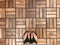 Top view of selfie of feet with slipper shoe on wood floor