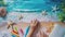 A top view of a serene beach scene with a persons hand adding pops of color to the page with highquality crayons