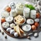 Top view of a series of dairy products on marble counter