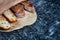 Top view on served Sliced bread on marble table.