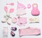 Top view set of fashion trendy pink stuff for baby girl