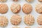 Top view of several Homemade Mexican Conchas. A traditional Mexican sweet bread roll. Round shape and their striped, seashell-like