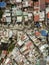 Top view of a shanty town with narrow passageways and corrugated metal roofs in Las Pinas