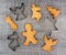 Top view of shaped cookies or gingerbreads and metal cutters